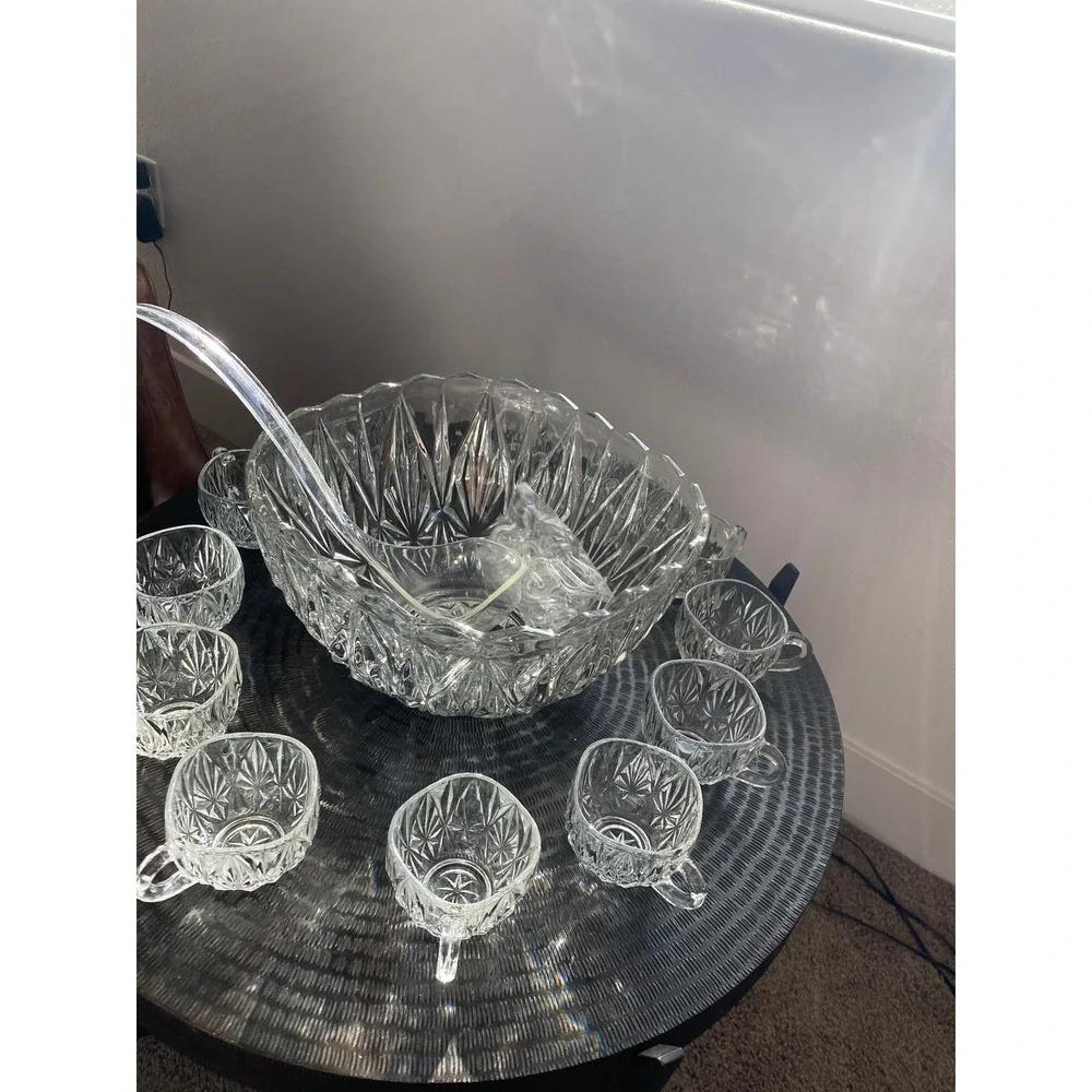 Williamsport  Vintage 12 Pc Prescut Crystal Punch Bowl Set w 10 Cups + Ladle